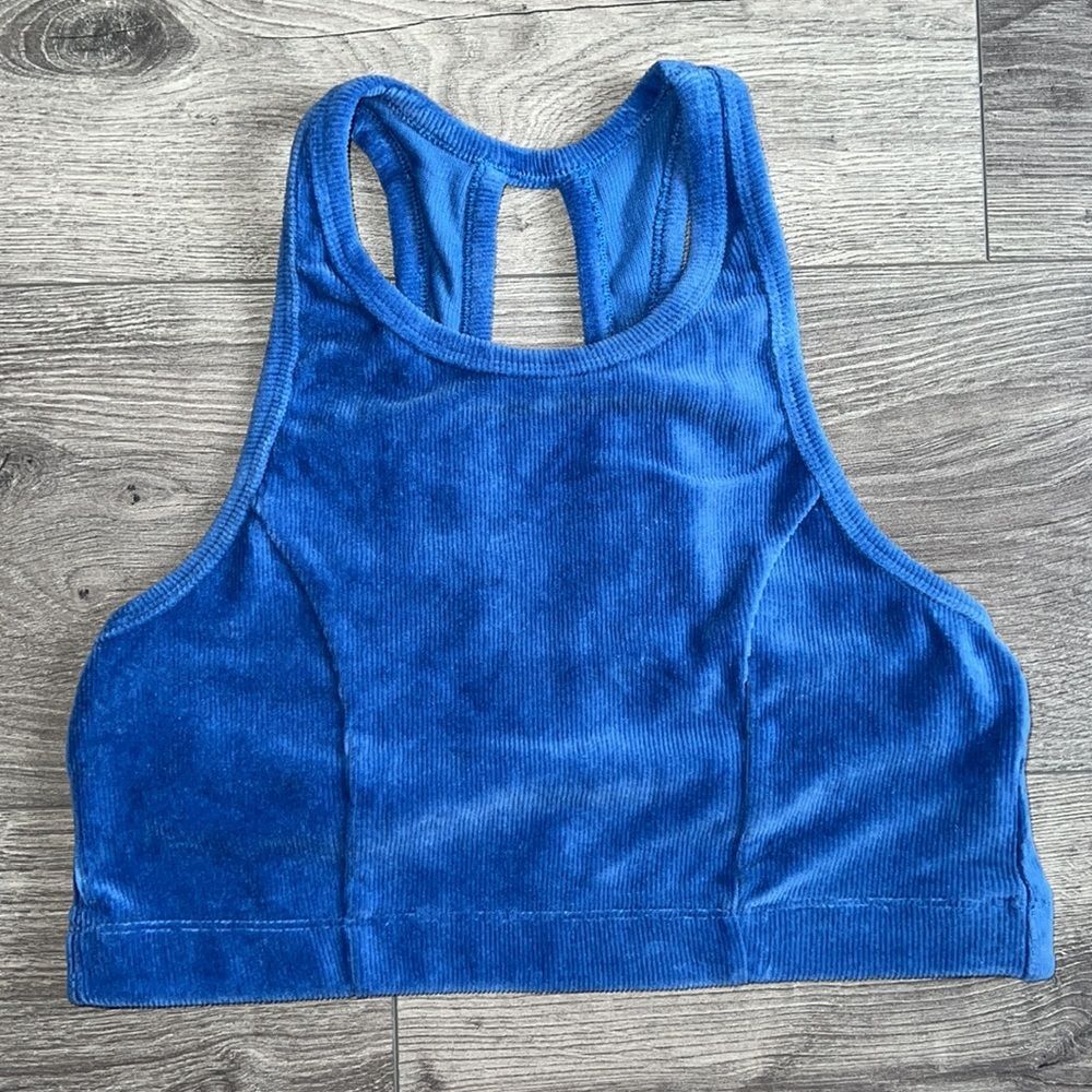 AERIE Corduroy Sports Bra Size Medium Blue Low Impact Athleisure Workout Retro